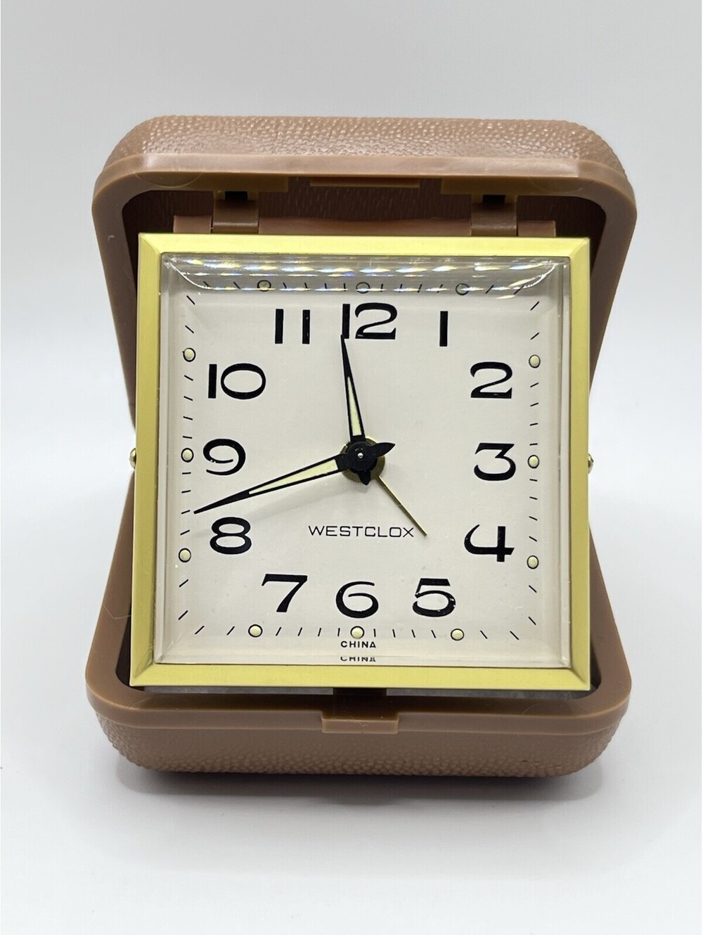 Westclox Folding Travel Alarm Clock Vintage Brown Clamshell In Box Works 3114.2